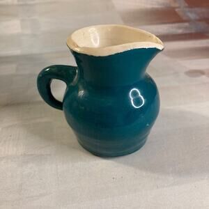 Vintage 70s Artisan Mini Ceramic Creamer Deep Teal Green Signed Ohio Made